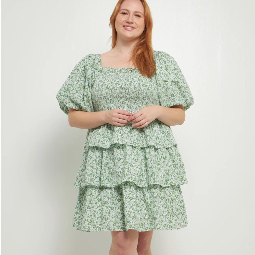 English Factory Green Floral Dress Smocked Puff Sleeve 2X